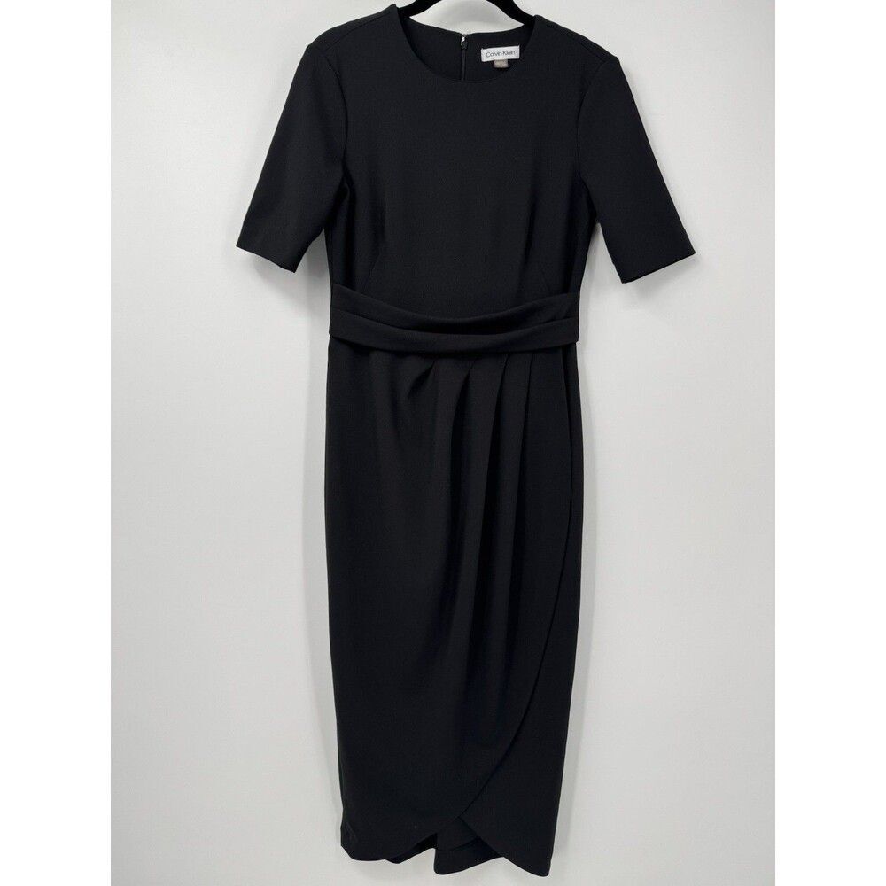 Calvin Klein Womens 2 Black Tulip Pleated Midi Dress Quiet Luxury Office Preppy